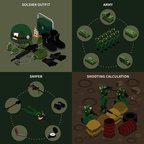 Army 2x2 design concept set of sniper soldier outfit shooting calculation square icons isometric vector illustration