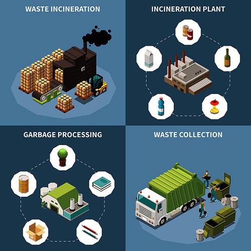 Garbage recycling isometric icon set with waste incineration garbage processing and waste collection descriptions vector illustration