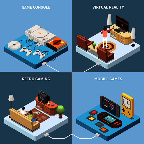 Gaming gamers isometric 2x2 design concept with images of game consoles and living rooms with people vector illustration