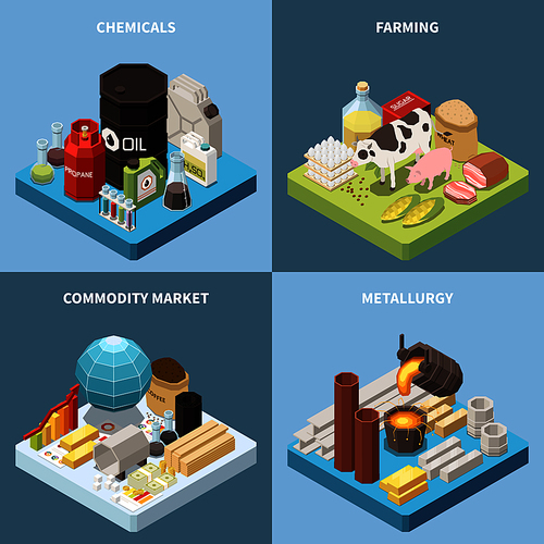 Commodity isometric 2x2 design concept with compositions of manufactured products and industrial goods images with text vector illustration