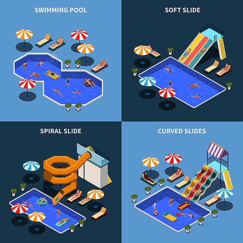Water park aquapark isometric 2x2 design concept with images of water attractions and aqua park areas vector illustration