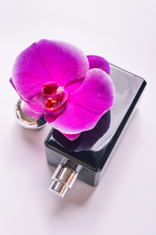 black fragrance  bottle with purple orchid around white. flat lay