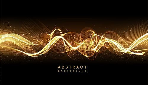 Abstract shiny color gold wave design element with glitter effect on dark background. Fashion sequins for voucher, website and advertising design. Futuristic techno background, neon shapes and dots.