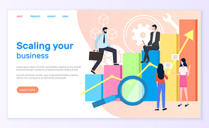 Scaling business, graphic or chart and entrepreneurs. Statistics and analytics, businessman and businesswoman, magnifier and economic growth. Website or webpage template, landing page in flat style