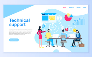 Technical support people answering questions help desk vector. Online communication clients, assistance with charts diagrams, brainstorming workers. Website or webpage template landing page in flat