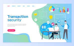 Transaction security team males working in bank vector. Man conducting payments with innovative technologies, people working online website text. Webpage template landing page in flat