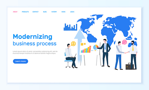 Modernizing business process online Internet page vector. World map and statistical graphics, charts or diagrams, businessmen and project discussion. Website, webpage template, landing page flat style
