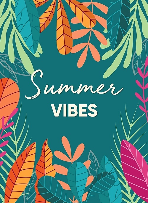 Tropical plant poster design with summer vibes typography slogan and tropical vegetation on dark green background. Collection of exotic plants. Colorful flat vector illustration