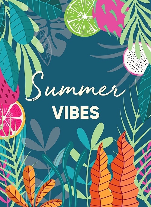 Tropical plant poster design with summer vibes typography slogan and tropical fruit on dark green background. Collection of exotic plants. Colorful flat vector illustration