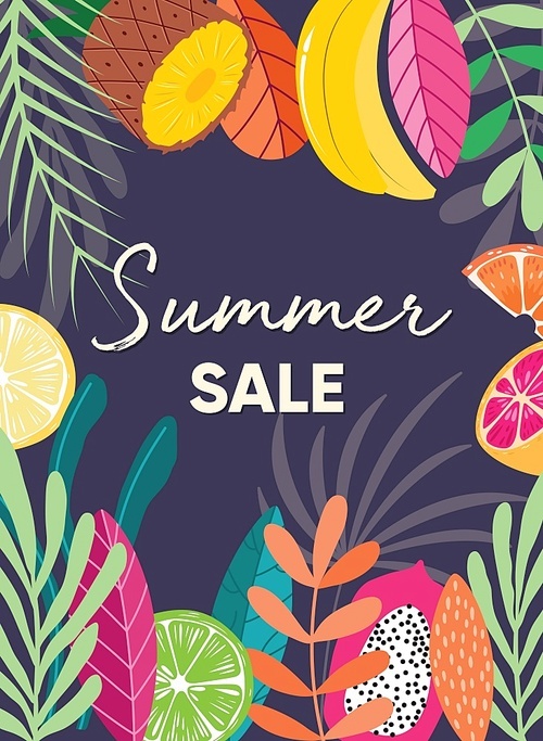 Exotic fruit and tropical plants poster design with summer sale typography slogan and fresh fruit on dark purple background. Collection of tropical fruits and plants. Colorful flat vector illustration