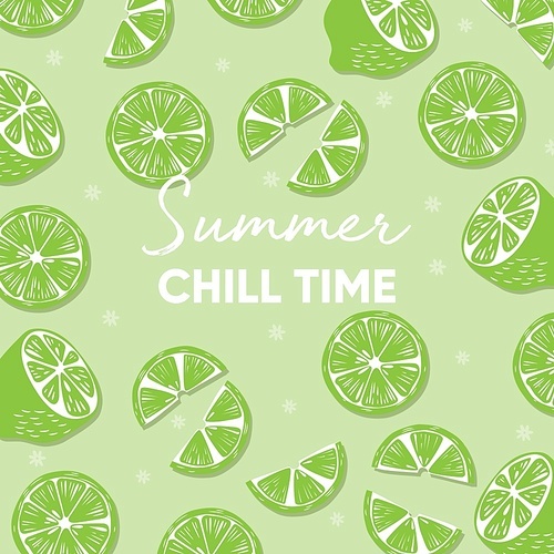 Fruit design with summer chill time typography slogan and fresh lime fruit on light green background. Colorful flat vector illustration