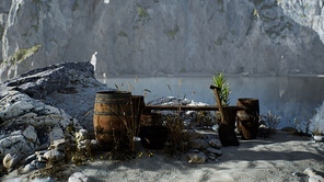 wooden barrels with sea fish at the sand beach