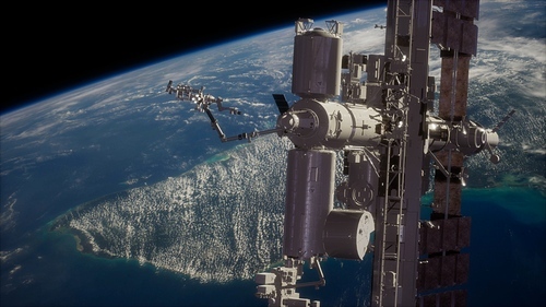 8K Earth and outer space station iss. Elements of this image furnished by NASA.