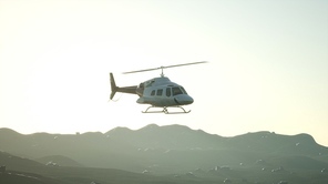 8K extreme slow motion flying helicopter and sunset sky