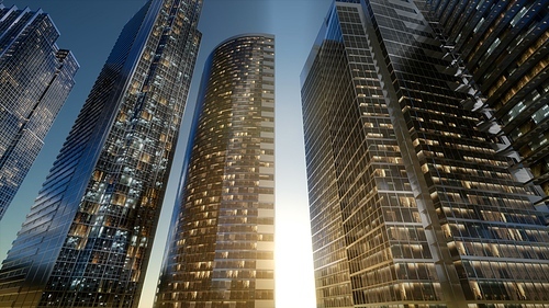 city skyscrapers at night with dark sky