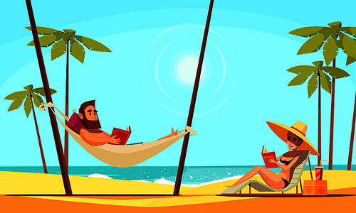 Beach reading background with sand palms and sea flat vector illustration