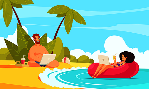 Remote flexible work flat cartoon composition with freelancers couple vacation with laptops on tropical beach  vector illustration