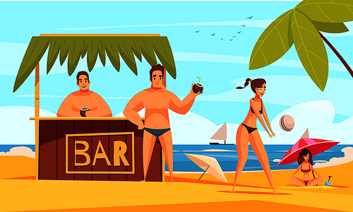 Beach bar composition with summer sea coast landscape and tent booth with cold drinks and people vector illustration