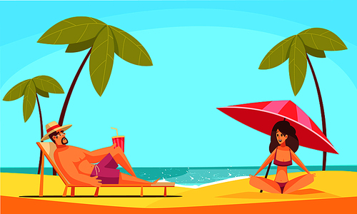 Beach man with woman composition with sea coast and doodle characters of people laying on sand vector illustration