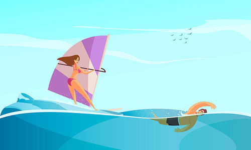 Beach water sport composition with open sea scenery and characters of surfing woman and swimming man vector illustration