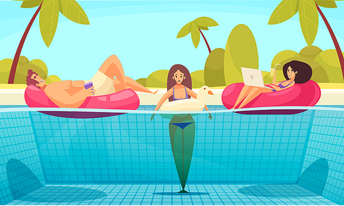 Beach composition with summer landscape palms and pool with flat doodle characters of adult relaxing people vector illustration