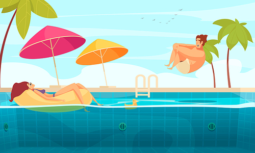 Young couple enjoying aqua park tropical paradise floating jumping in heated outdoor pool comics composition vector illustration