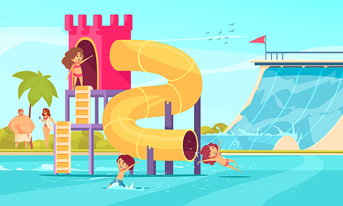 Traditional tall and super fun tube family water slides in amusements aqua park comics composition vector illustration