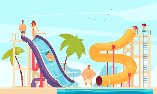 Family holiday in aqua park with tube water slides attractions for all ages comics composition vector illustration