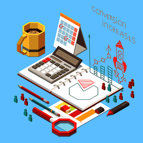 Conversion rate optimization isometric concept with stationery and ...