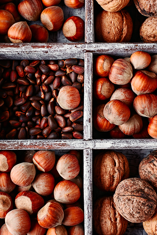 Wooden box with walnuts and pine nuts and hazelnuts