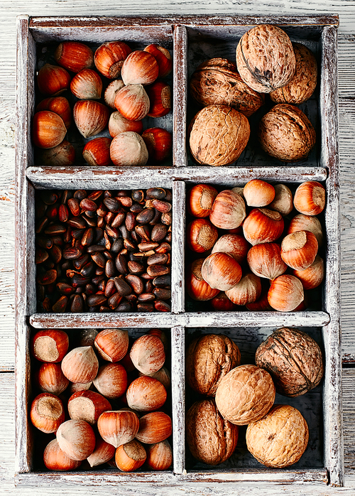 Wooden box with walnuts and pine nuts and hazelnuts