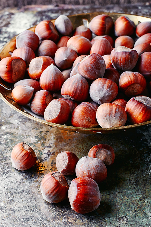 Fruits of hazelnut in the copper bowl and scattered near.