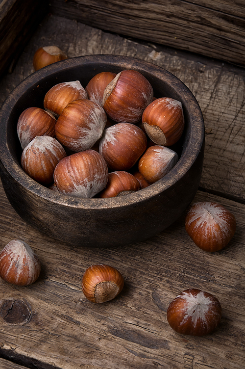 hazelnut in wooden bowl on a retro background