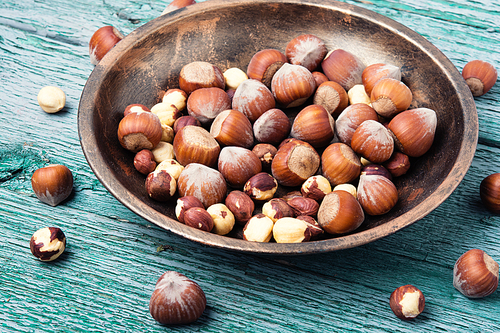 nut hazelnuts in the shell and chipped in a bowl