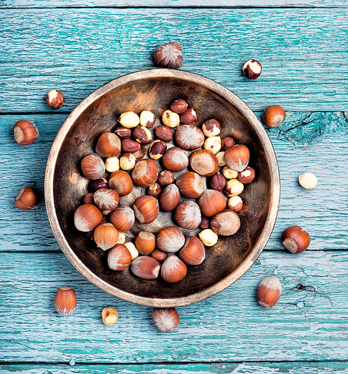 nut hazelnuts in the shell and chipped in a bowl