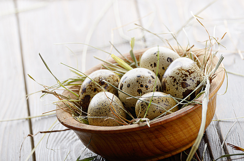 Fresh organic quail eggs in wooden bowl on rustic kitchen table. Space for text