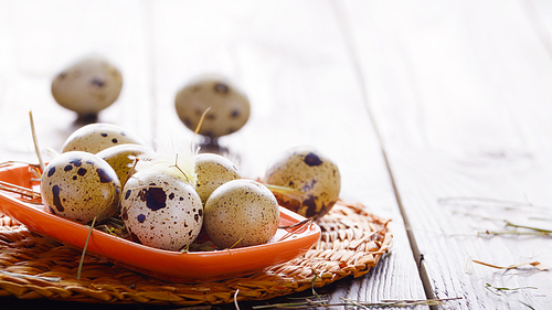 Fresh organic quail eggs in orange clay plate on wooden rustic kitchen table. Space for text