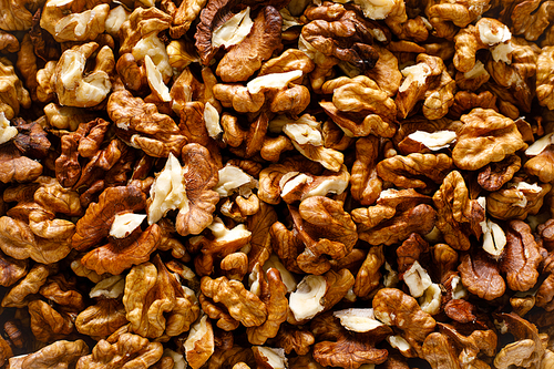Walnuts. Kernels nuts background, top view