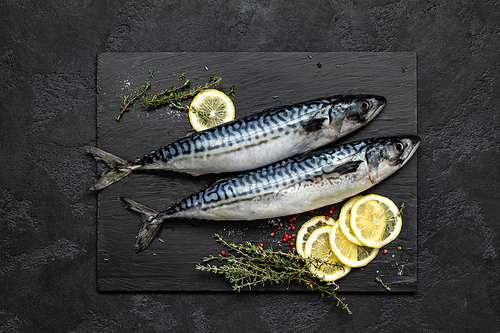 Mackerel. Fresh raw fish with ingredients for cooking, top view, flat lay