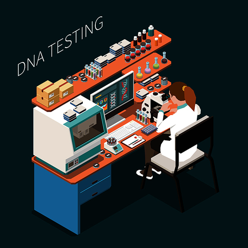 Female genetics scientist testing dna in laboratory 3d isometric vector illustration
