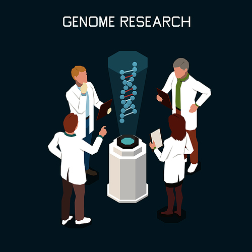 Genetics isometric concept with four scientists researching genome 3d vector illustration