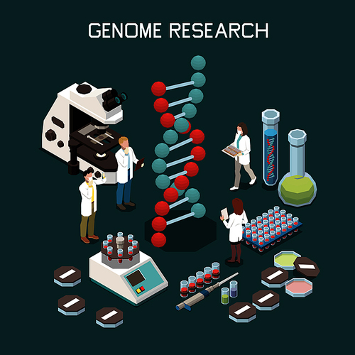 Genetics isometric composition with laboratory equipment and scientists researching genome 3d vector illustration