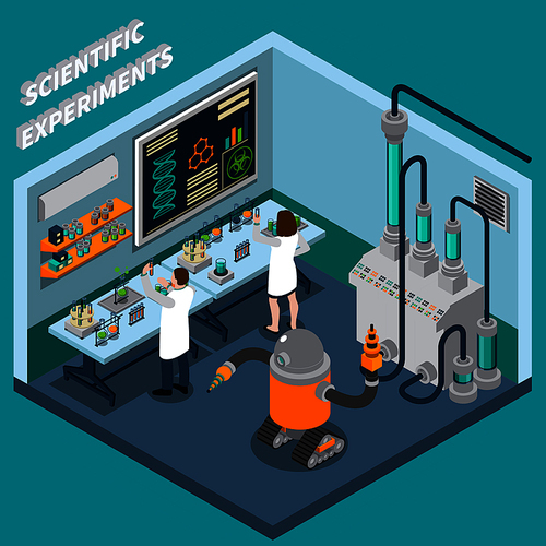 Two scientists working in laboratory with robot and various equipment 3d isometric vector illustration