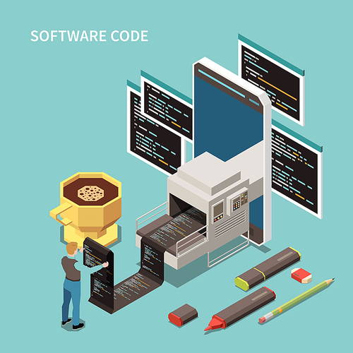 Programming concept with software code and support symbols isometric vector illustration