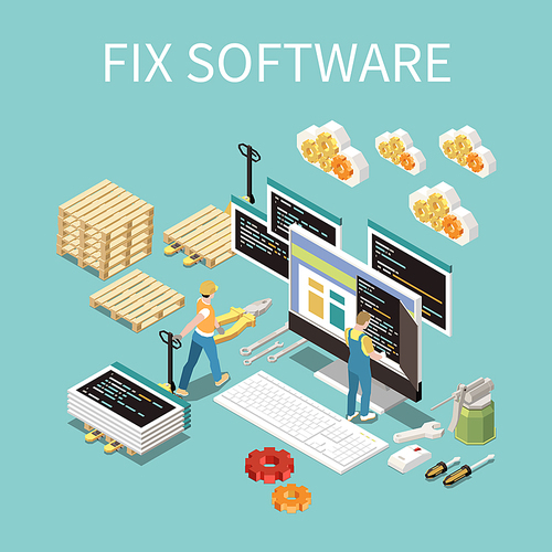 Software development concept with fix and support symbols isometric vector illustration