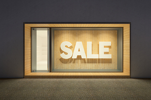 Shop showcase with sale banner in night, 3d rendering