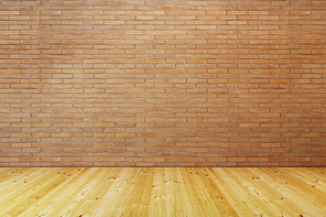 empty room with brick wall and wooden floor, 3d rendering