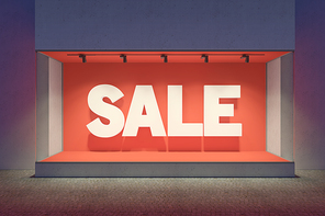 Shop showcase with sale banner in night, 3d rendering