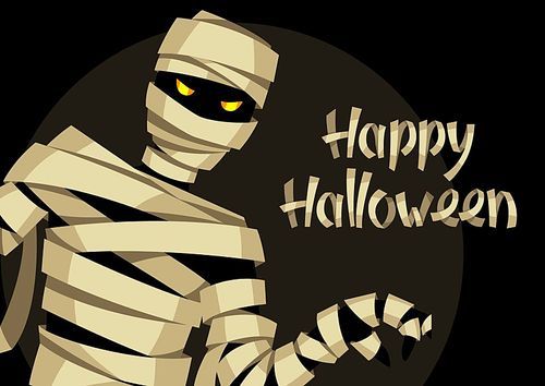 Happy Halloween greeting card with mummy. Illustration or background for holiday and party.