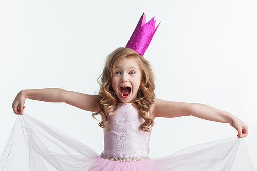 Beautiful little princess girl in crown and pink dress isolated on white